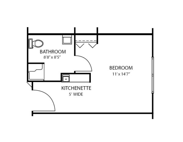 Studio apartment floorplan with bathroom and kitchenette at a senior living community in Lambertville, Michigan.