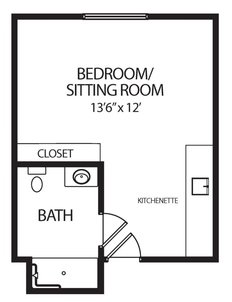 studio apartment with private bathroom, closet and kitchenette