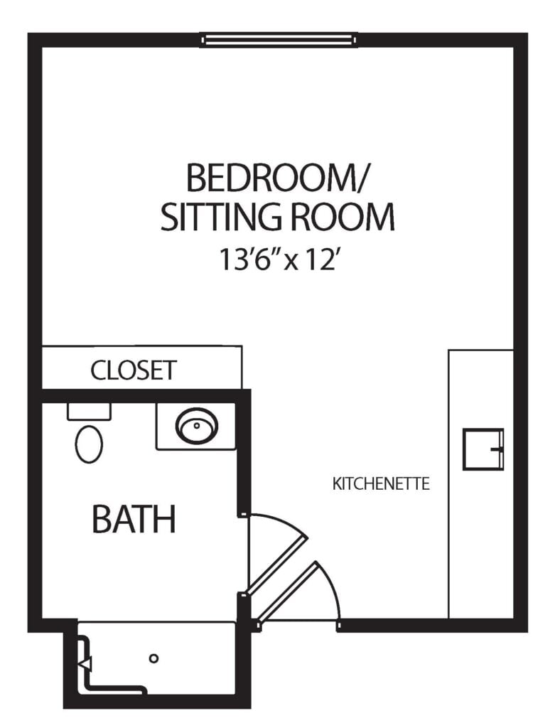 studio apartment with private bathroom, closet and kitchenette