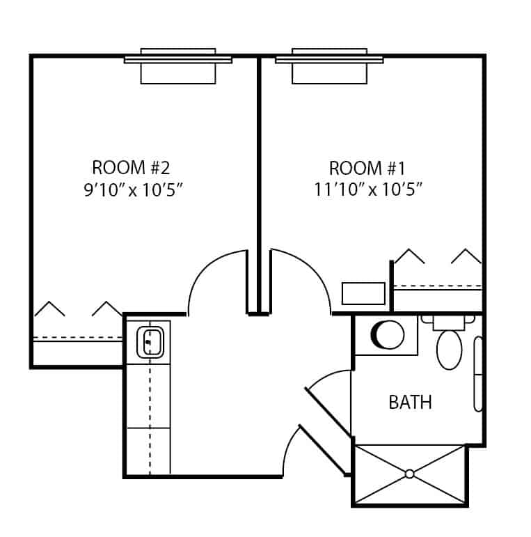 Assisted living two-bedroom apartment floor plan in Greencastle, Indiana.