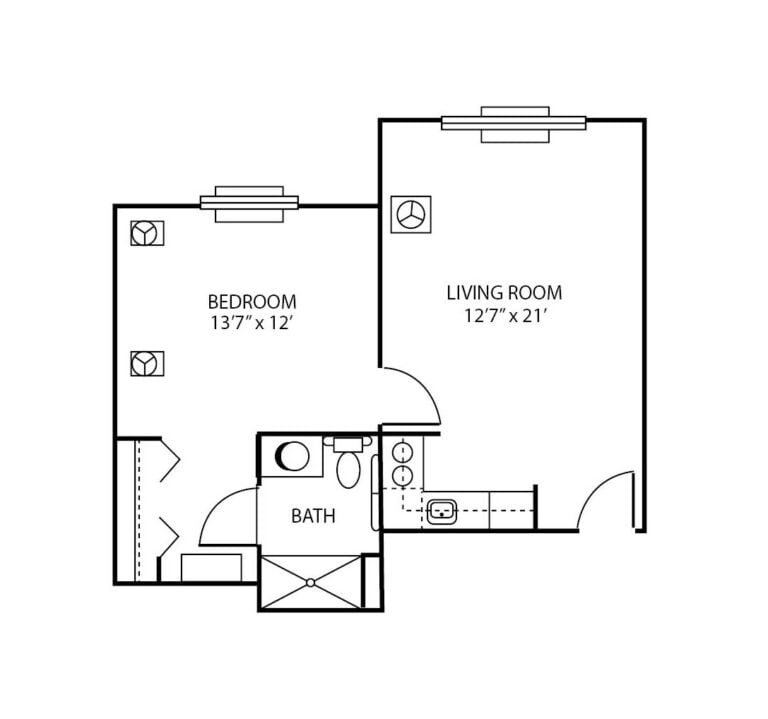 One-bedroom apartment floorplan with living room, bathroom and kitchen at a senior living facility in Greencastle, Indiana.