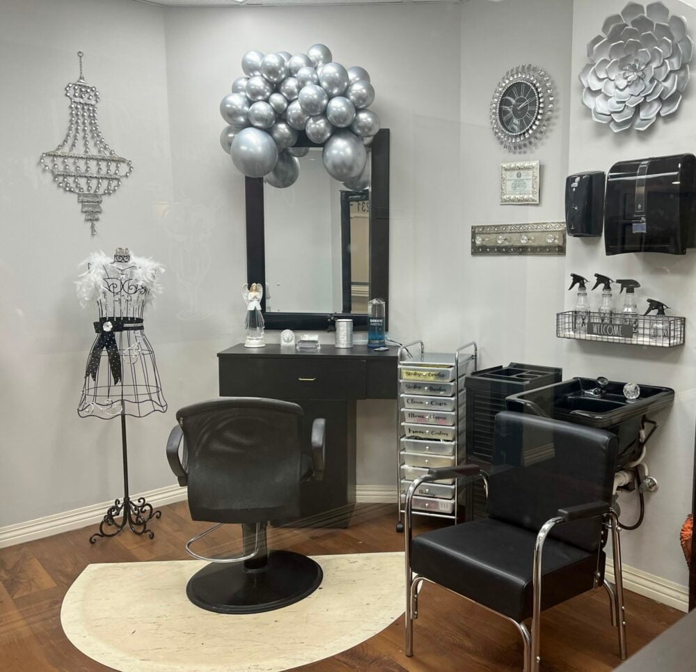 rosemont senior living's on-site beauty salon with mirror, chairs and equipment