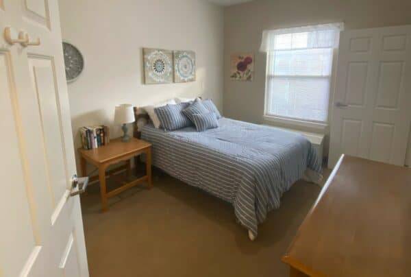 Senior apartment bedroom at the Waterford at Mansfield, a senior living community in Mansfield, Ohio.