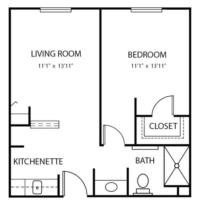 One-bedroom apartment floor plan in Batesville, Indiana.