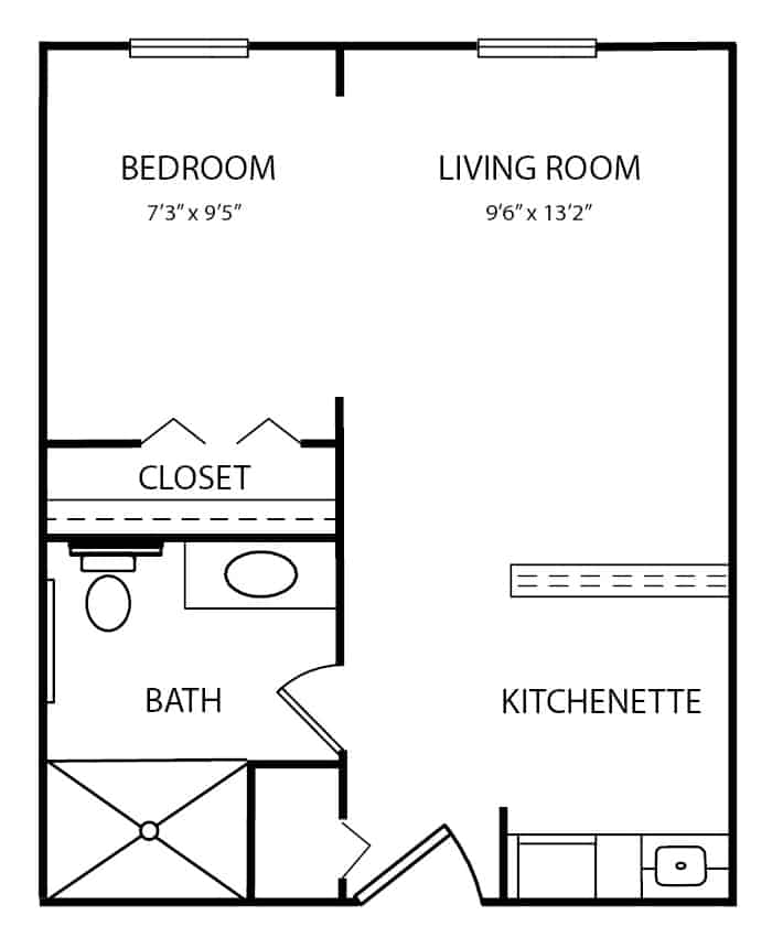 Studio deluxe apartment floor plan in Batesville, Indiana.