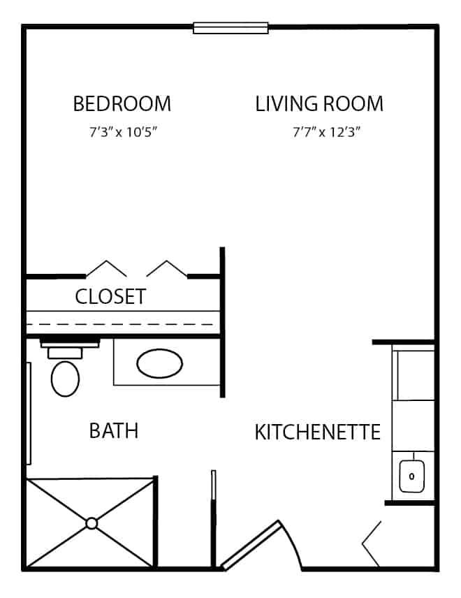 Studio apartment floor plan in Batesville, Indiana.