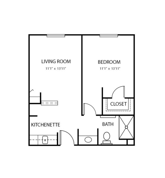 One-bedroom apartment with living room, bathroom and kitchenette at senior living community in Batesville, Indiana.