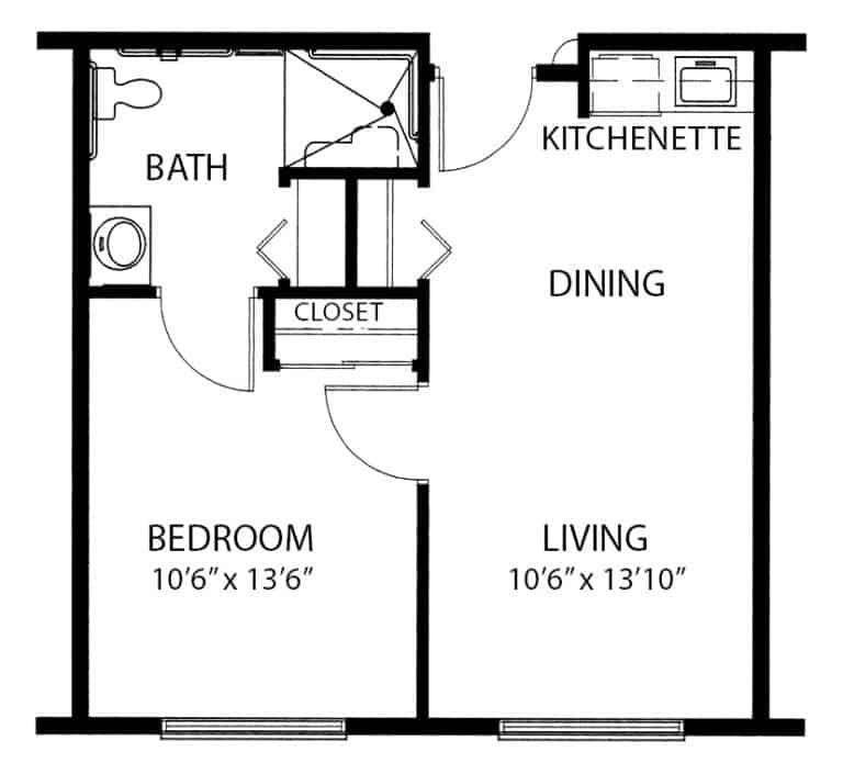 One-bedroom apartment floor plan in Cottonwood, Arizona.