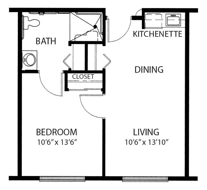 One-bedroom apartment floor plan in Cottonwood, Arizona.