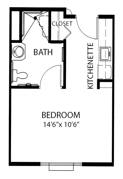 studio apartment with private bathroom and kitchenette