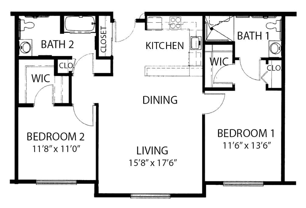 Two-bedroom, two-bathroom apartment floor plan with full kitchen in Cottonwood, Arizona.