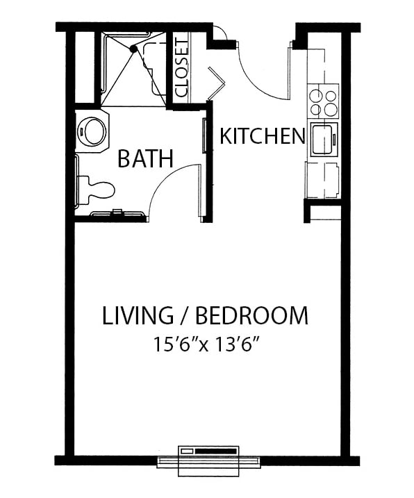 studio apartment with private bathroom and kitchen