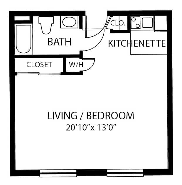 Studio apartment floor plan in Cottonwood, Arizona.