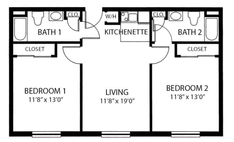 Two-bedroom apartment floor plan in Cottonwood, Arizona.