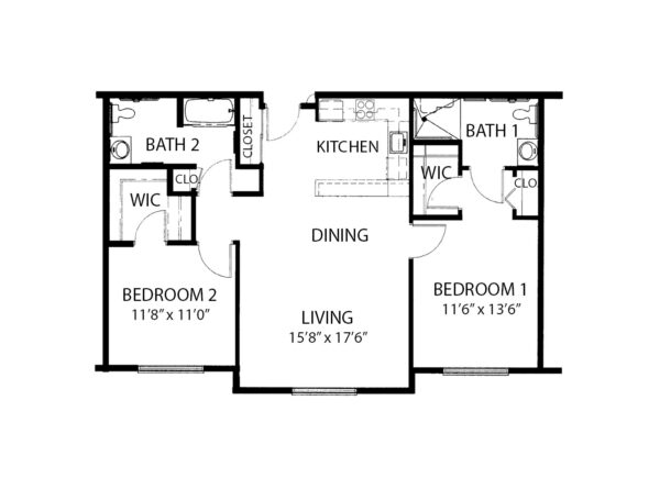 Two-bedroom apartment floorplan with living room, two bathrooms and kitchen at a senior living facility in Cottonwood, Arizona.