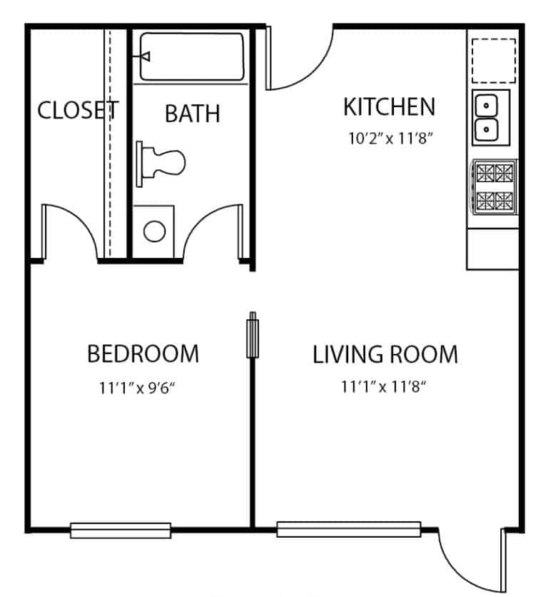 Small, one-bedroom floor plan in Greenwood, Indiana.
