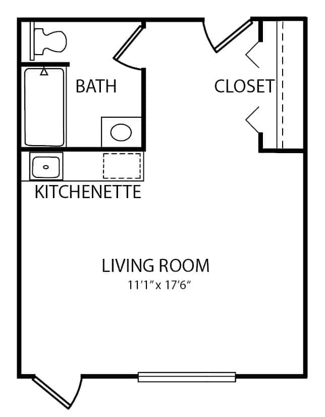 Assisted living studio apartment floor plan in Greenwood, Indiana.