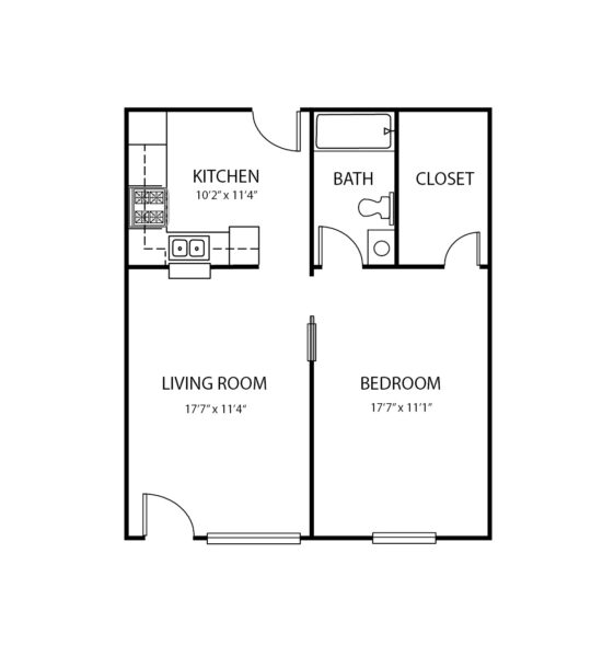 One-bedroom apartment floorplan with living room, bathroom and kitchen at a senior living community in Greenwood, Indiana.