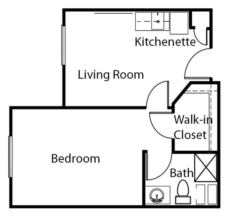 Assisted living one-bedroom apartment floor plan in Granbury, Texas.