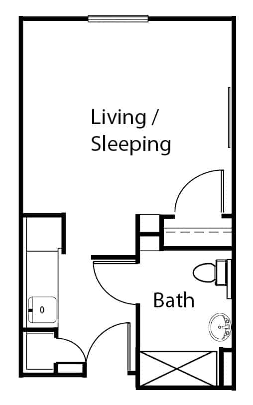 Assisted living studio apartment floor plan in Granbury, Texas.