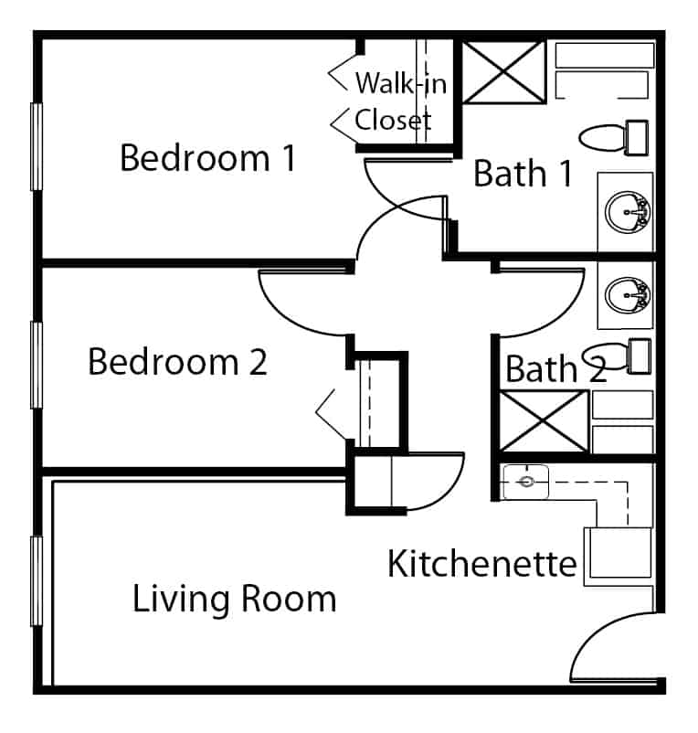 Assisted living two-bedroom apartment floor plan in Granbury, Texas.