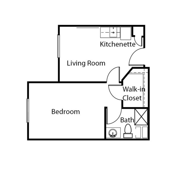 One-bedroom apartment floorplan with living room, bathroom and kitchenette at a senior living community in Granbury, Texas.