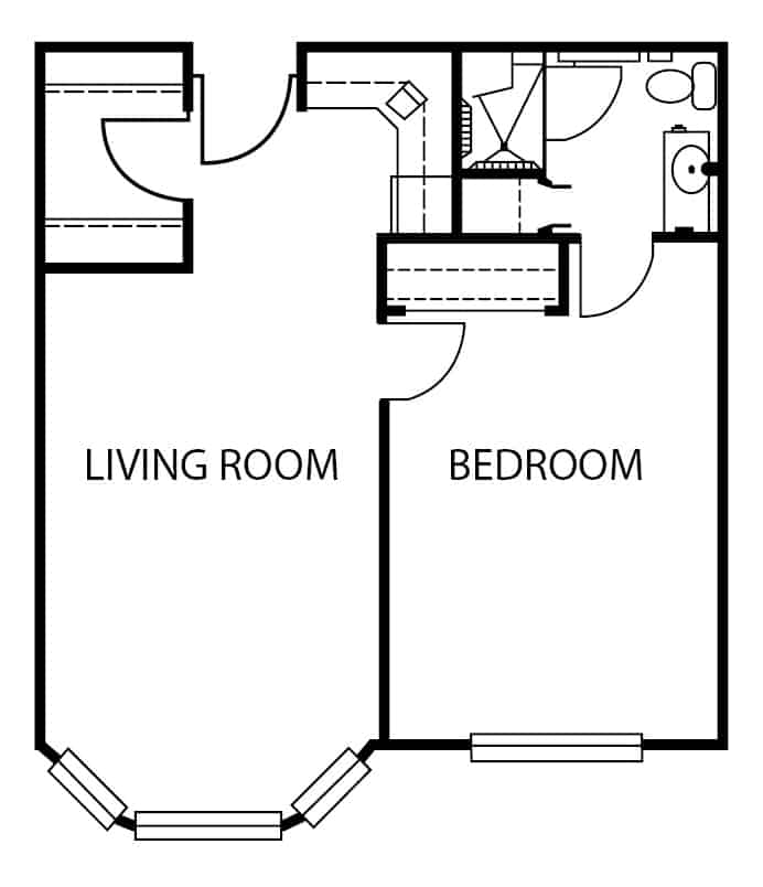 Assisted living one-bedroom apartment floor plan in Omaha, Nebraska.