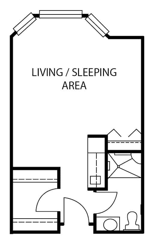 Assisted living studio apartment floor plan in Omaha, Nebraska.
