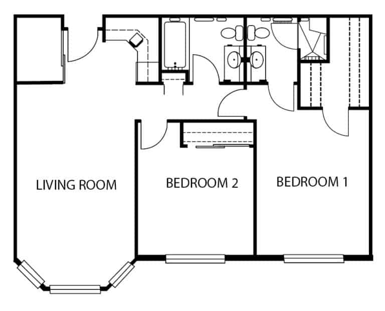 Assisted living two-bedroom, two-bathroom apartment floor plan in Omaha, Nebraska.