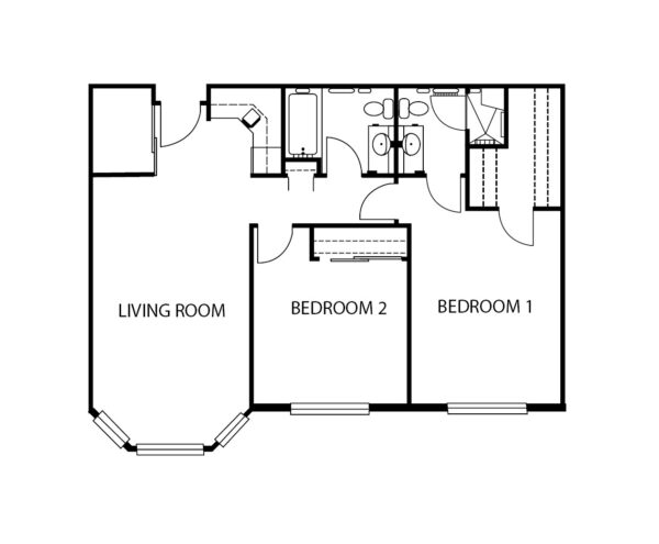 Two-bedroom apartment floorplan with living room, two bathrooms and kitchen at a senior living community in Omaha, Nebraska.