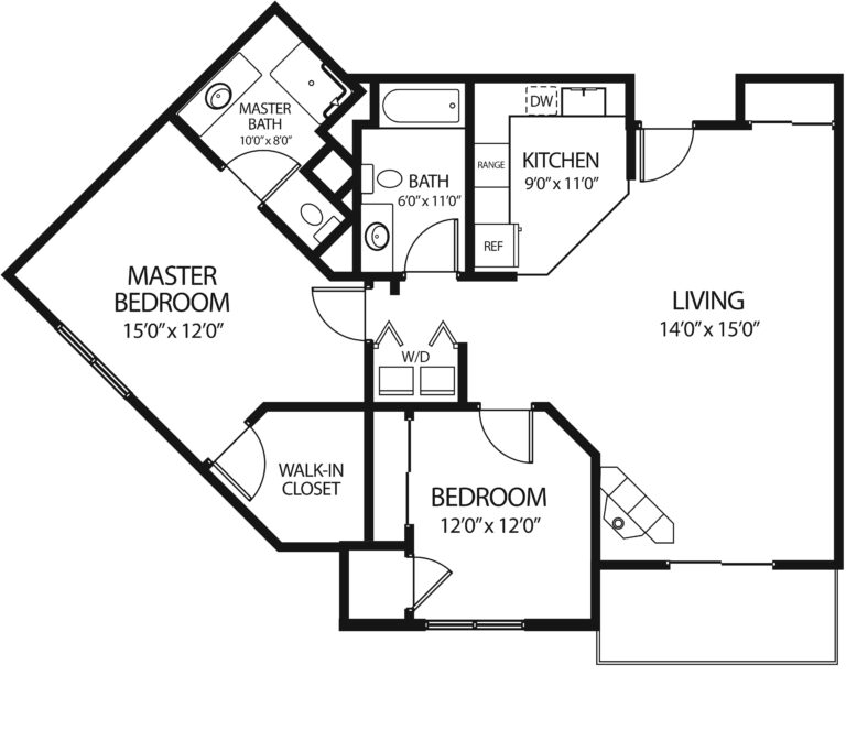 two-bedroom apartment with living room, two bathrooms, kitchen and patio