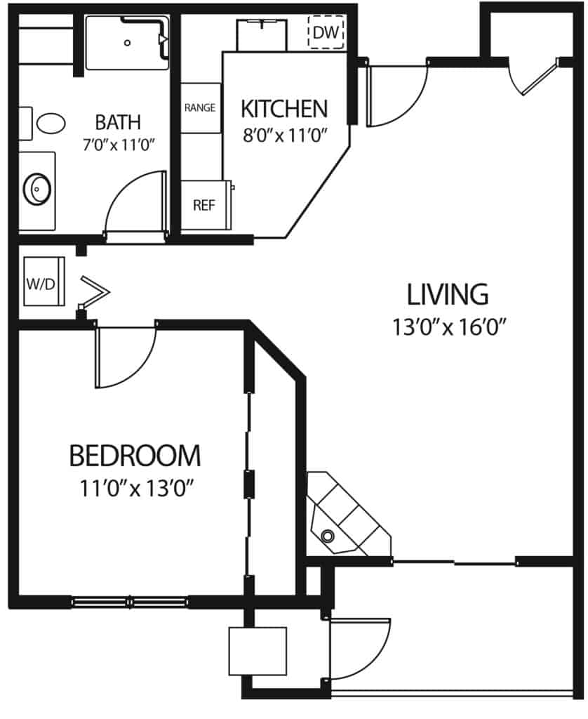 Senior living one-bedroom, one-bathroom apartment floor plan in Fitchburg, Wisconsin.