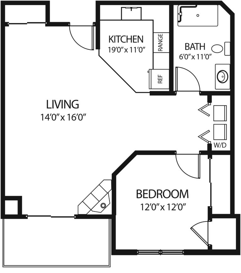 one-bedroom apartment with living room, bathroom and full kitchen