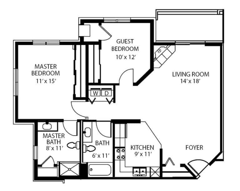 Senior living two-bedroom, two-bathroom apartment floor plan in Fitchburg, Wisconsin.