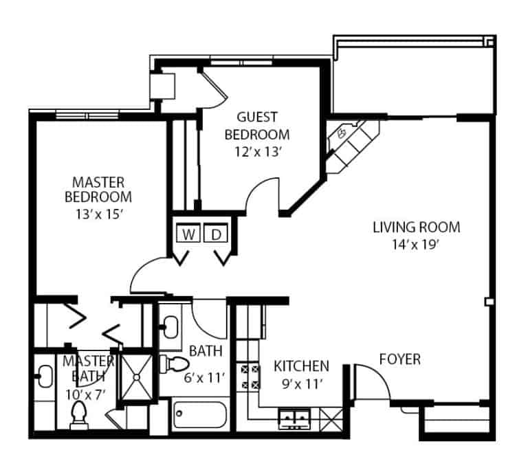 Assisted living smaller two-bedroom, two bathroom floor plan in Fitchburg, Wisconsin.