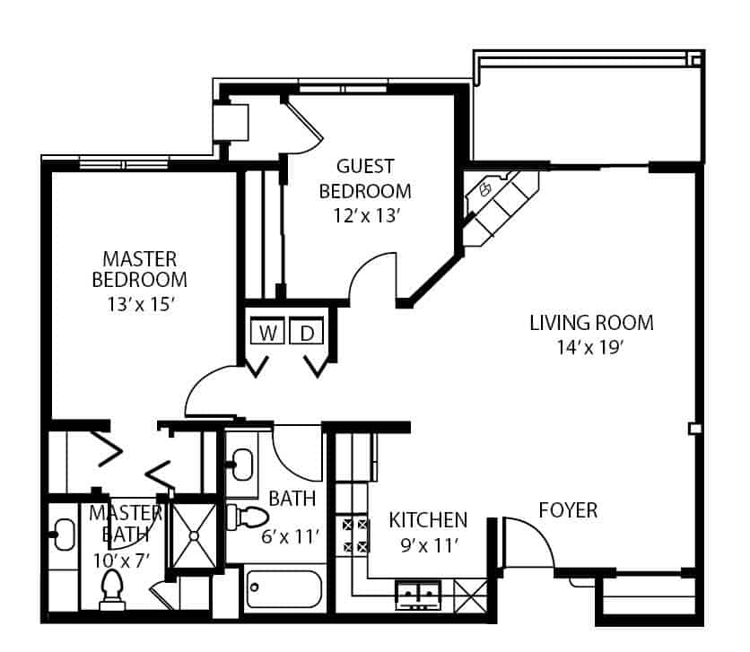 Assisted living smaller two-bedroom, two bathroom floor plan in Fitchburg, Wisconsin.
