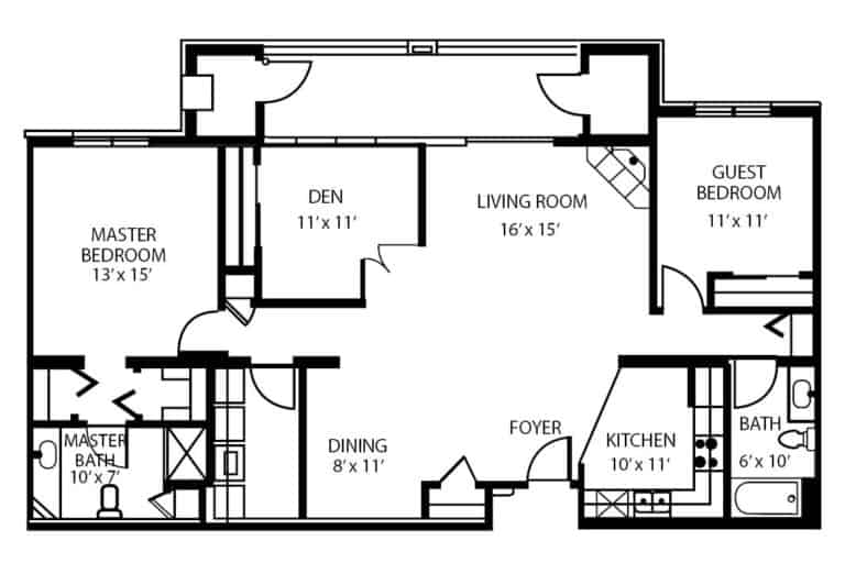 Senior living two bedroom, two bathroom plus den apartment floor plan in Fitchburg, Wisconsin.