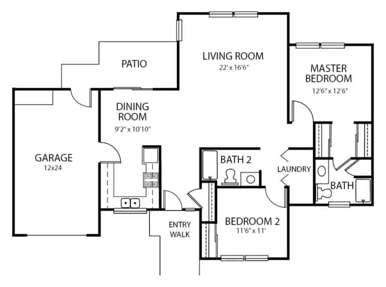 Senior living two-bedroom cottage floor plan in Fort Wayne, Indiana.