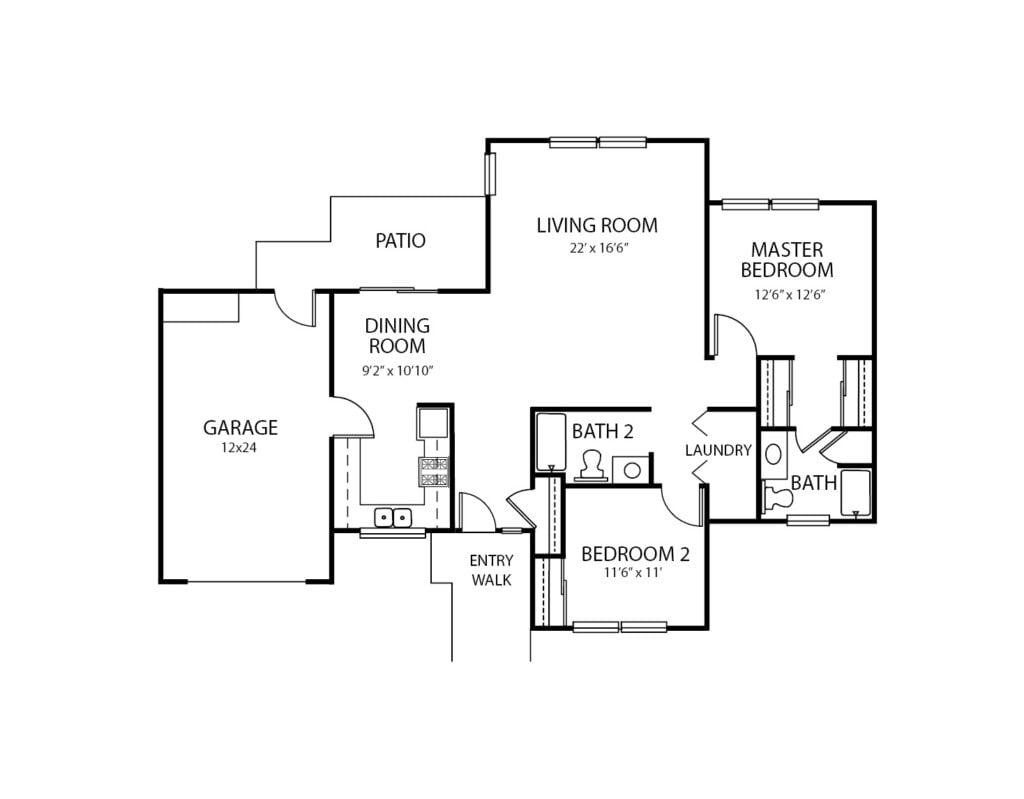 Two-bedroom apartment floorplan with living room, two bathrooms, kitchen, garage and patio at a senior living community in Fort Wayne, Indiana.