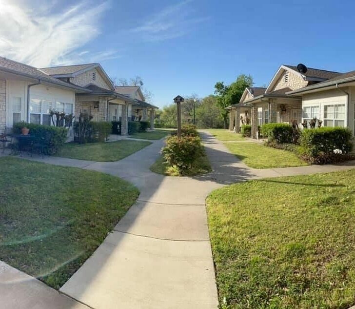 Outside courtyards at a senior living community in Stephenville, Texas.