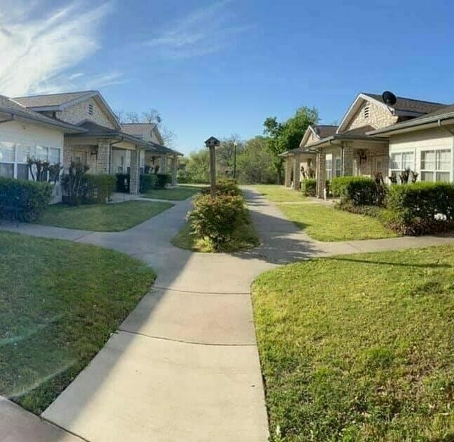 Outside courtyards at a senior living community in Stephenville, Texas.