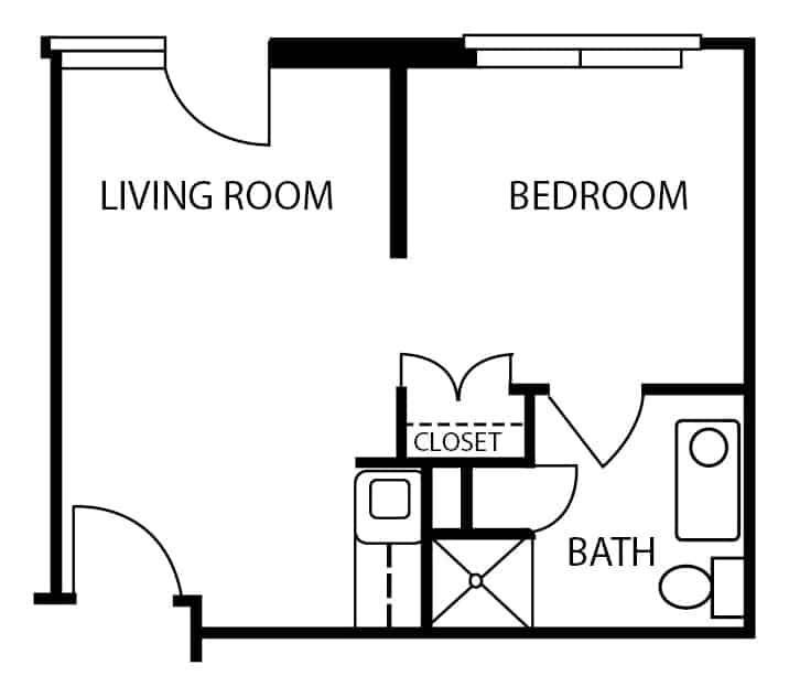 Assisted living one-bedroom apartment floor plan in Stephenville, Texas.