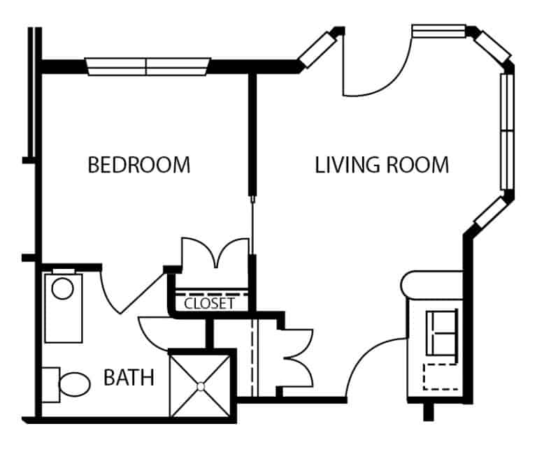 Assisted living one-bedroom apartment floor plan in Stephenville, Texas.