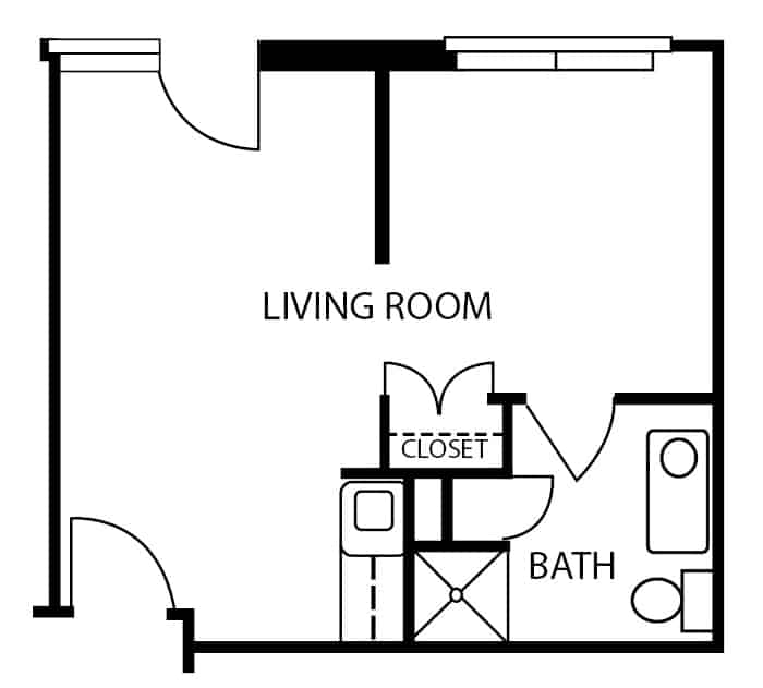 Assisted living studio apartment floor plan in Stephenville, Texas.