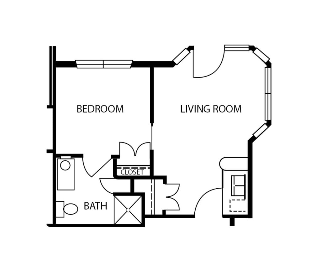 One-bedroom apartment floorplan with living room, bathroom and kitchenette at a senior living community in Stephenville, Texas.