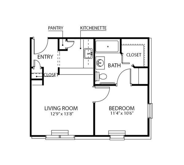 One-bedroom apartment with living room, bathroom and kitchenette in Indianapolis, Indiana.
