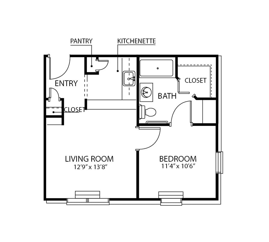 One-bedroom apartment floor plan with a living room, bathroom and kitchenette in Indianapolis, Indiana