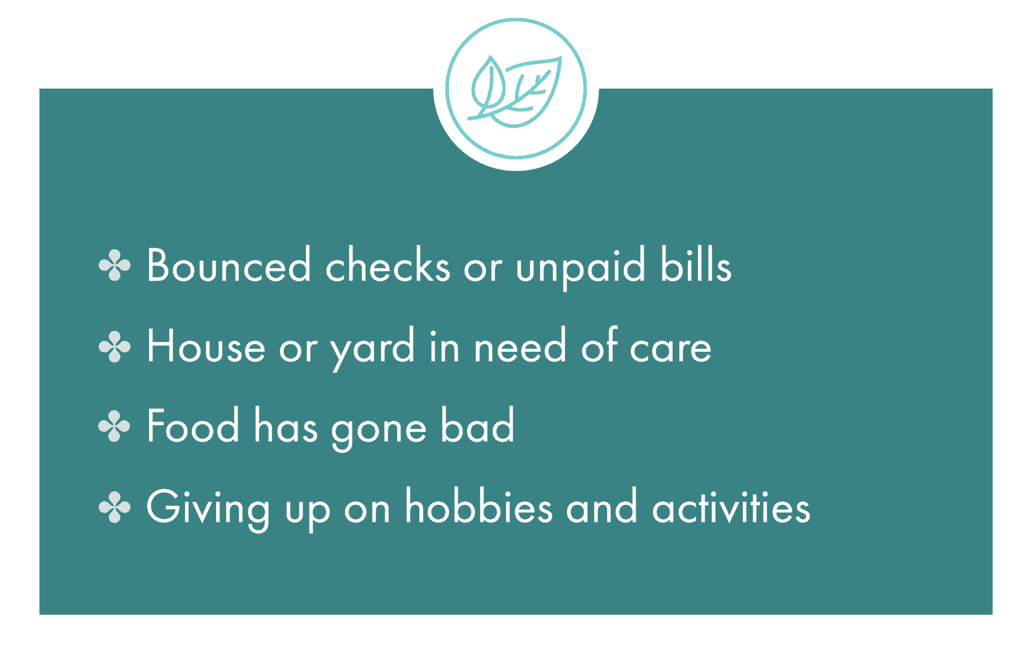 Trouble completing daily activities factors, including bounced checks or unpaid bills, house or yard in need of care, food has gone bad, and giving up on hobbies or activities