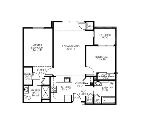 Two-bedroom apartment floorplan with living room, two bathrooms, kitchen, patio and closets at a senior living community in Oneonta, New York.