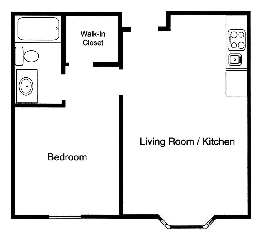 Independent living one bedroom apartment floor plan in East Lansing, Michigan.